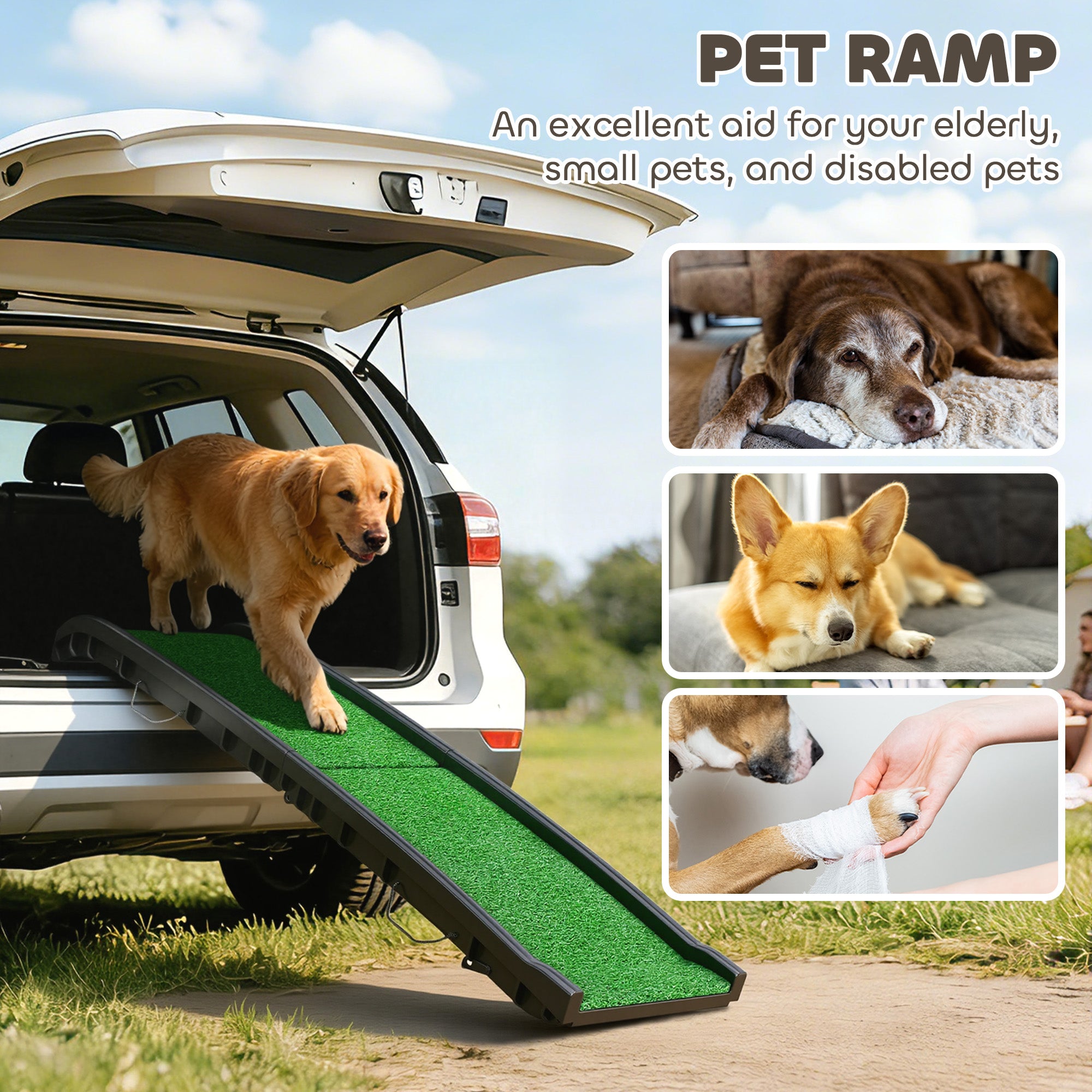 61 Inches Folding Pet Ramp with Grass Surface, Raised Side Rails, for Cars, SUVs