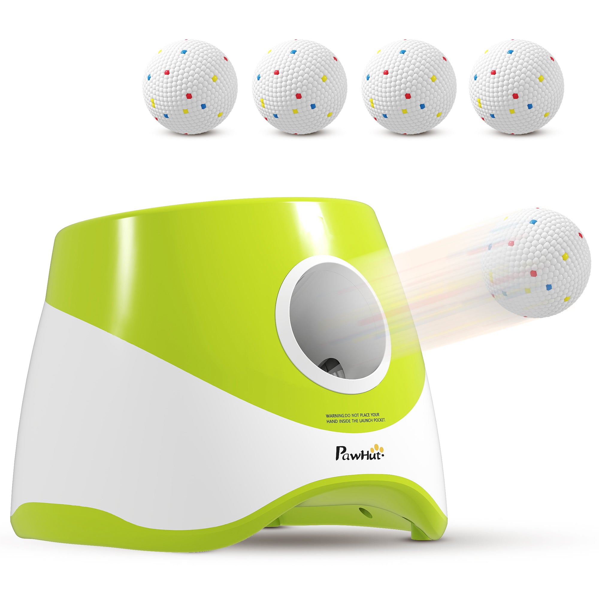 Automatic Dog Ball Launcher with 5 ETPU Balls 2.3", 3 Distance Settings 20ft, 33ft, 46ft, Green