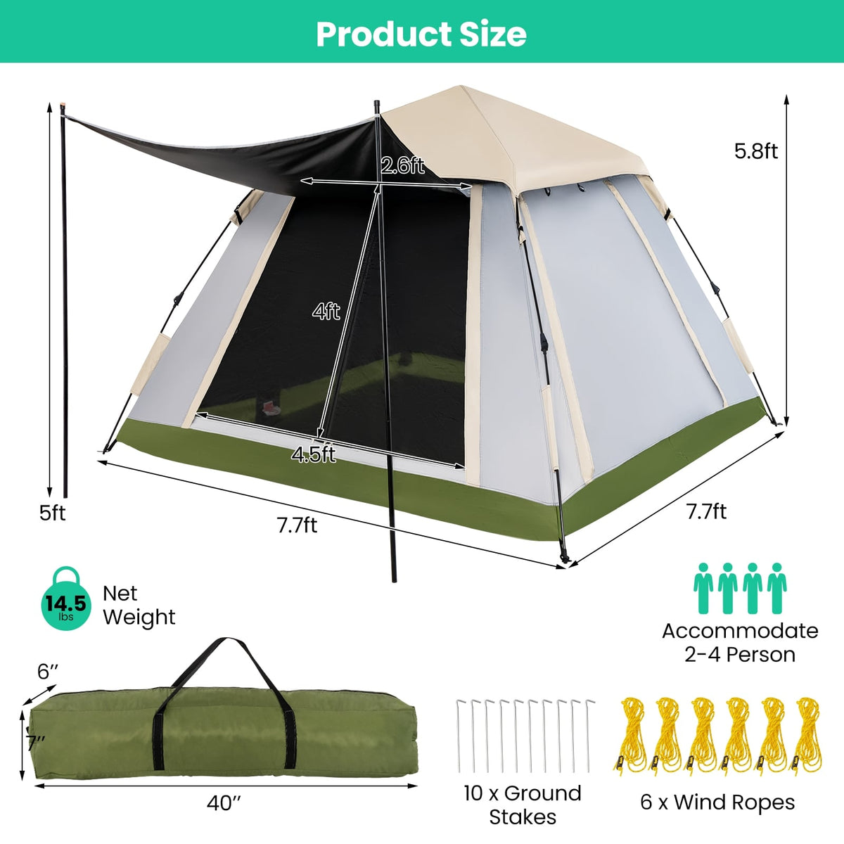 2-4 Person Instant Pop-up Camping Tent with Removable Rainfly-Tents-DECOROLALA