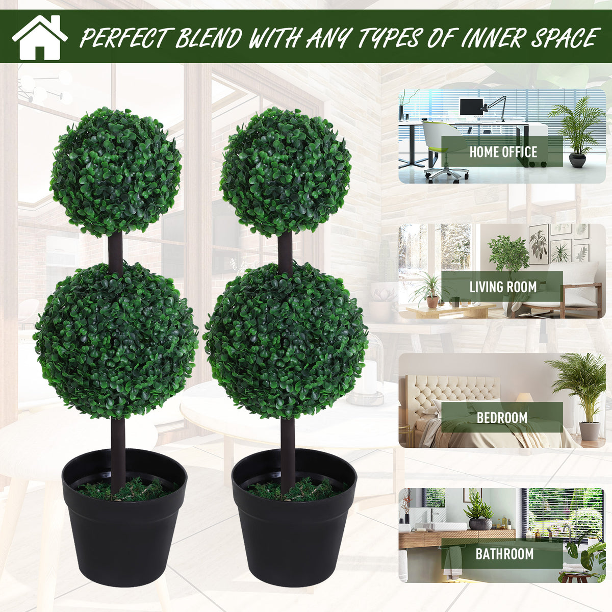 2 Ball Topiary Tree in Pot for Home Decor, Artificial Plant for Home Office, Living Room Decor, Dark Green-Artificial Trees-DECOROLALA