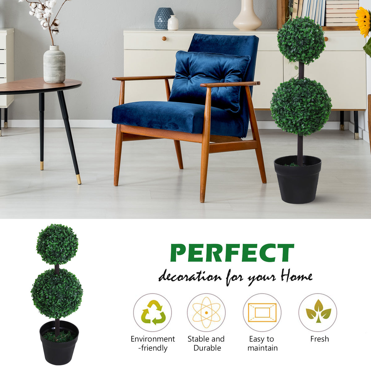 2 Ball Topiary Tree in Pot for Home Decor, Artificial Plant for Home Office, Living Room Decor, Dark Green-Artificial Trees-DECOROLALA