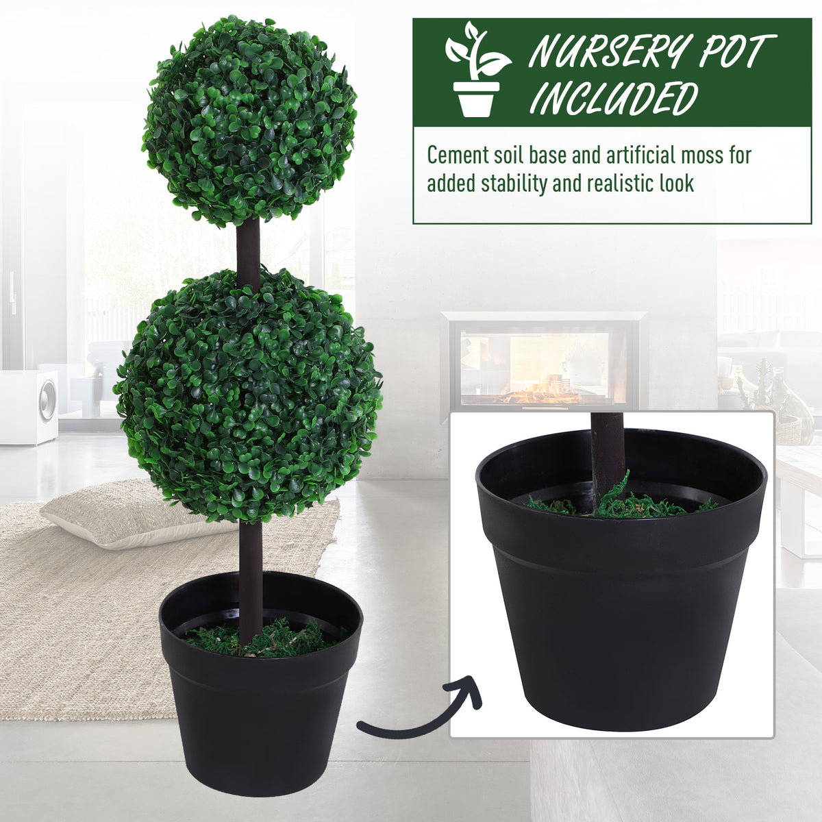 2 Ball Topiary Tree in Pot for Home Decor, Artificial Plant for Home Office, Living Room Decor, Dark Green-Artificial Trees-DECOROLALA