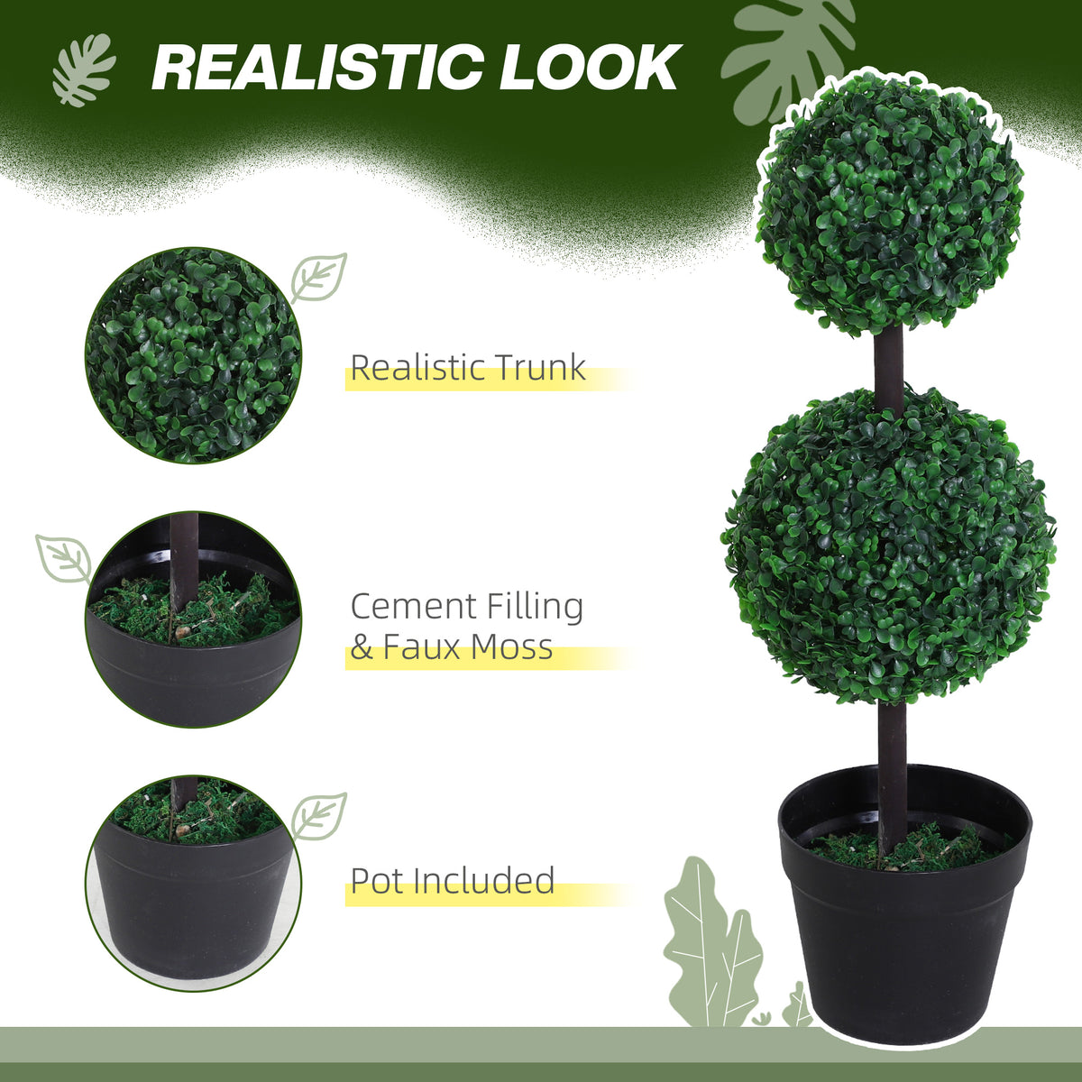 2 Ball Topiary Tree in Pot for Home Decor Set of 2, Artificial Plant for Home Office, Living Room Decor, Dark Green-Artificial Trees-DECOROLALA