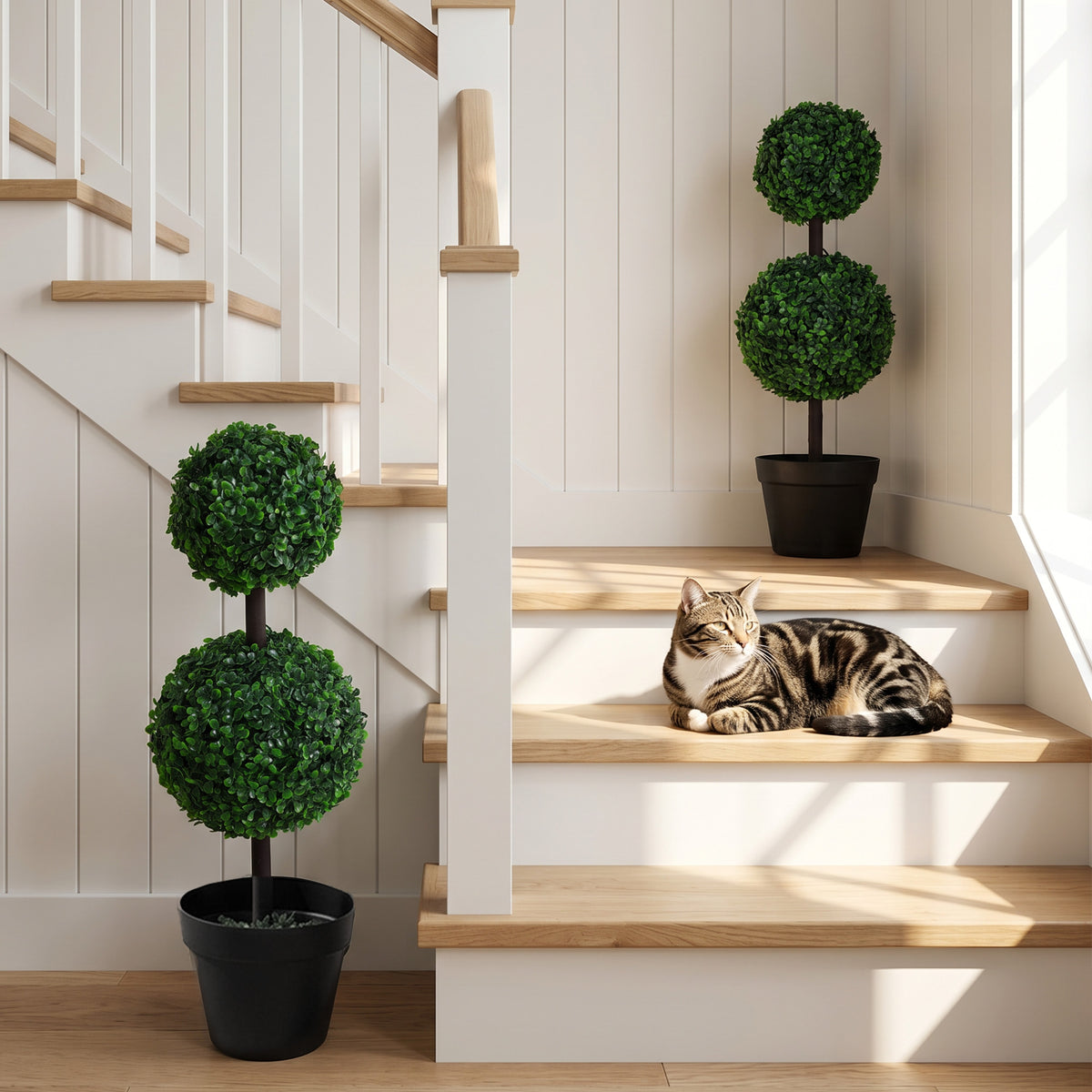 2 Ball Topiary Tree in Pot for Home Decor Set of 2, Artificial Plant for Home Office, Living Room Decor, Dark Green-Artificial Trees-DECOROLALA