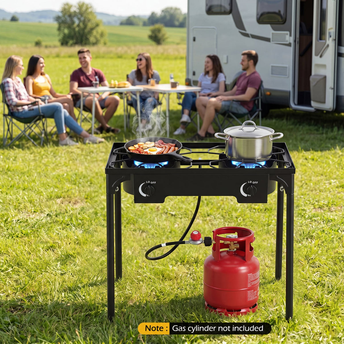 2 Burner Propane Stove 160000 BTU with Adjustable Regulator & Hose for Camping BBQ-Black-Outdoor Grills-DECOROLALA
