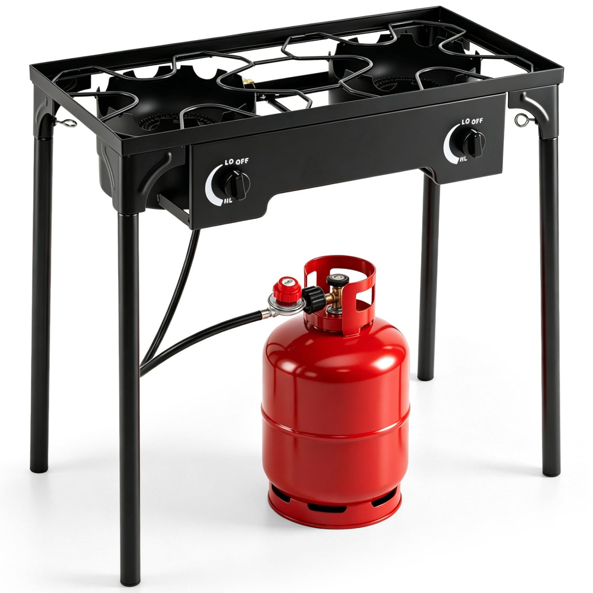 2 Burner Propane Stove 160000 BTU with Adjustable Regulator & Hose for Camping BBQ-Black-Outdoor Grills-DECOROLALA