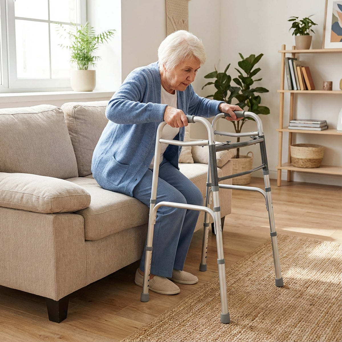 2-Button Folding Walker Lightweight with 7-Level Adjustable Height-Walkers & Rollators-DECOROLALA
