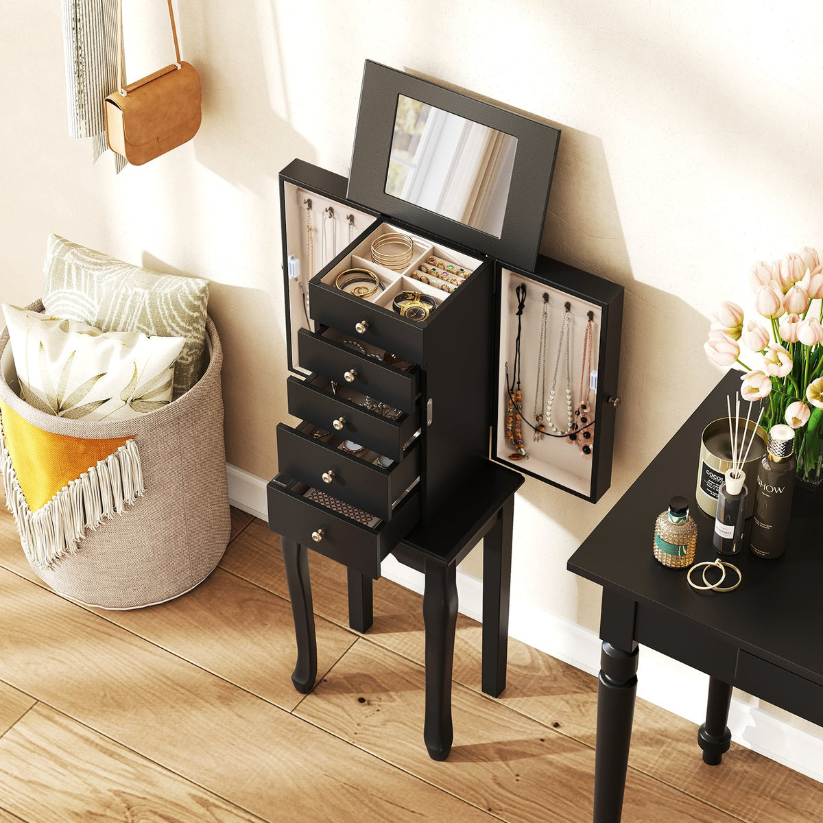 2 Colors Armoire Storage Standing Jewelry Cabinet with Mirror-Black-Jewelry Armoires-DECOROLALA