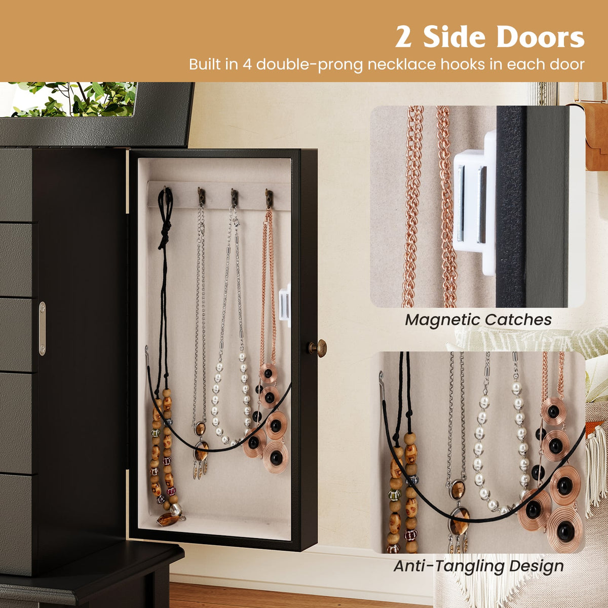 2 Colors Armoire Storage Standing Jewelry Cabinet with Mirror-Black-Jewelry Armoires-DECOROLALA