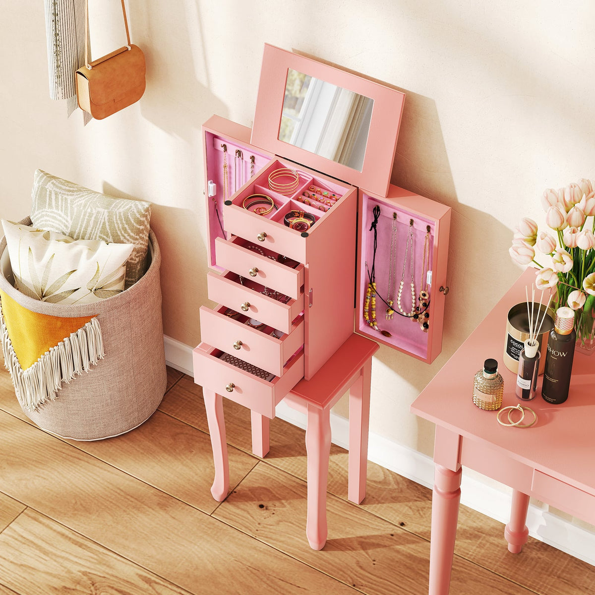 2 Colors Armoire Storage Standing Jewelry Cabinet with Mirror-Pink-Jewelry Armoires-DECOROLALA