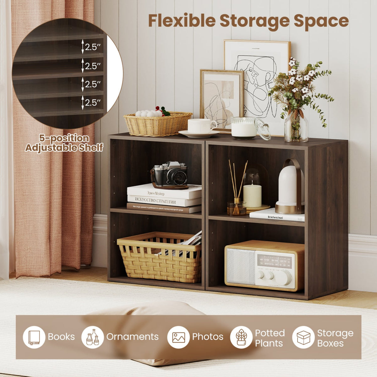 2-Cube Bookcase Floor Standing Open Bookshelf with 5-Position Adjustable Shelf-Dark Walnut-Bookcases-DECOROLALA
