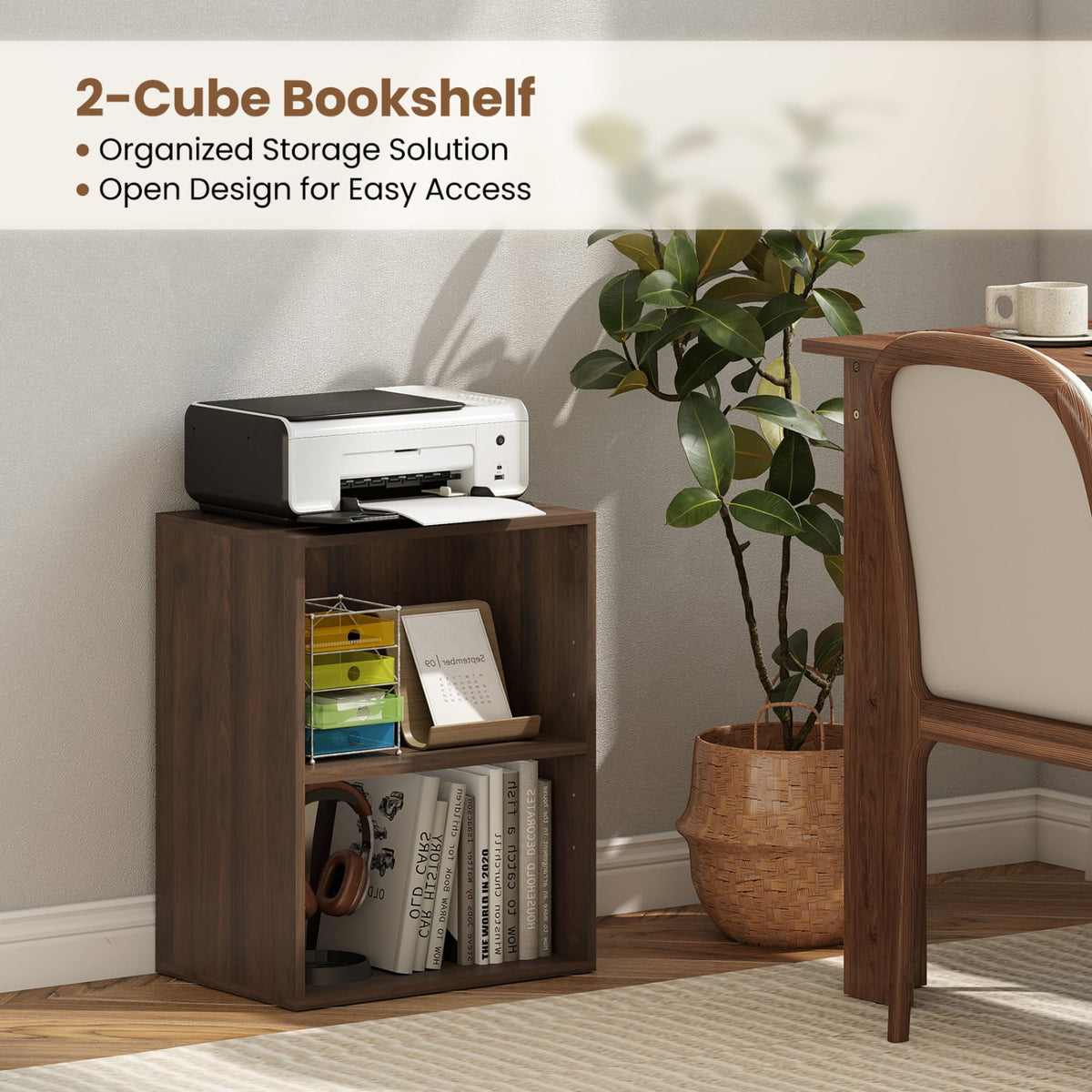 2-Cube Bookcase Floor Standing Open Bookshelf with 5-Position Adjustable Shelf-Dark Walnut-Bookcases-DECOROLALA