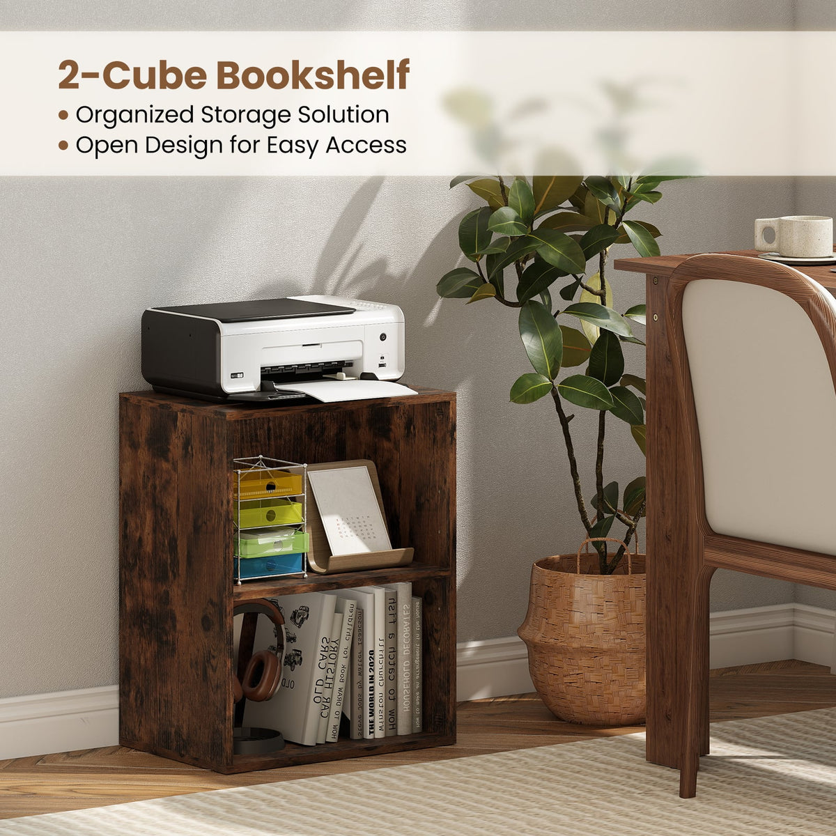 2-Cube Bookcase Set of 2 Floor Standing Open Bookshelf w/ 5-Position Adjustable Shelf-Brown-Bookcases-DECOROLALA