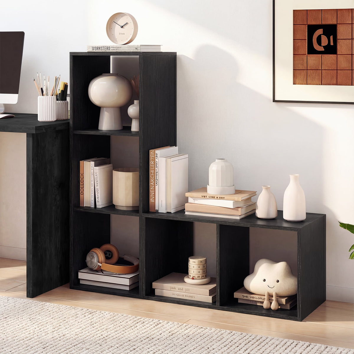 2 Cube Bookshelf with Back Guardrail for Living Room Bedroom-Black-Bookcases-DECOROLALA