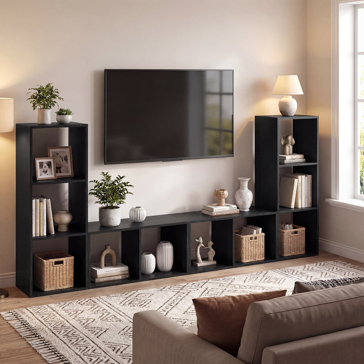 2 Cube Bookshelf with Back Guardrail for Living Room Bedroom-Black-Bookcases-DECOROLALA