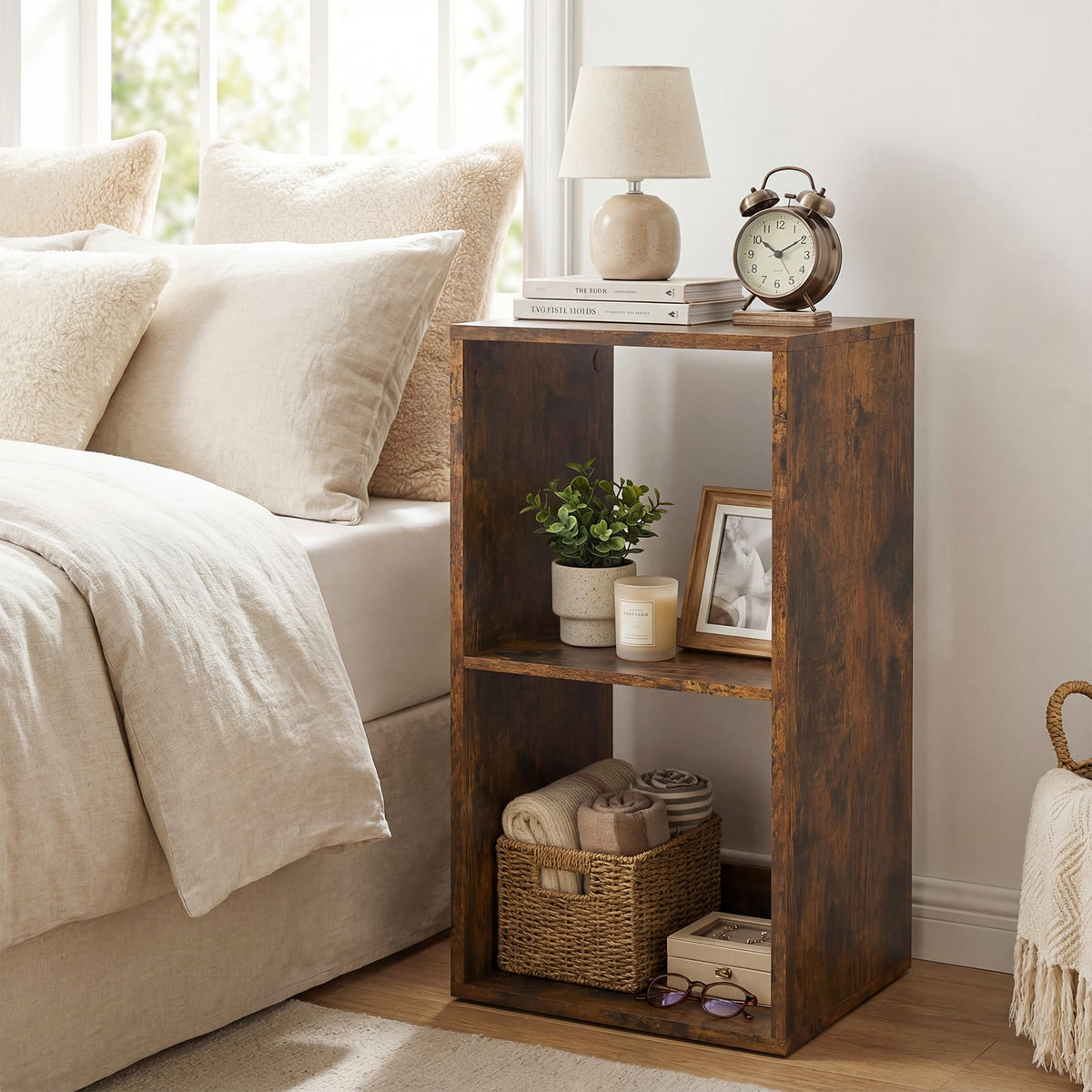 2 Cube Bookshelf with Back Guardrail for Living Room Bedroom-Rustic Brown-Bookcases-DECOROLALA