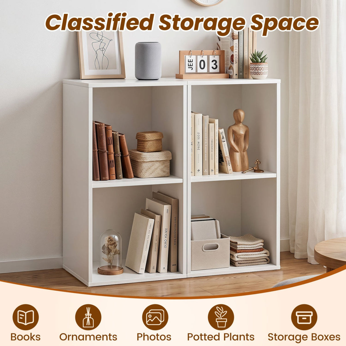 2-Cube Vertical or Horizontal Freestanding Bookshelf with 2 Compartments and 2 Anti-tipping Kits for Home Office-White-Bookcases-DECOROLALA