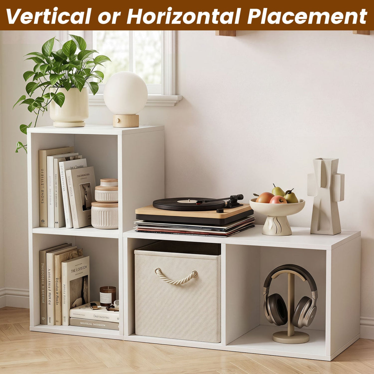 2-Cube Vertical or Horizontal Freestanding Bookshelf with 2 Compartments and 2 Anti-tipping Kits for Home Office-White-Bookcases-DECOROLALA