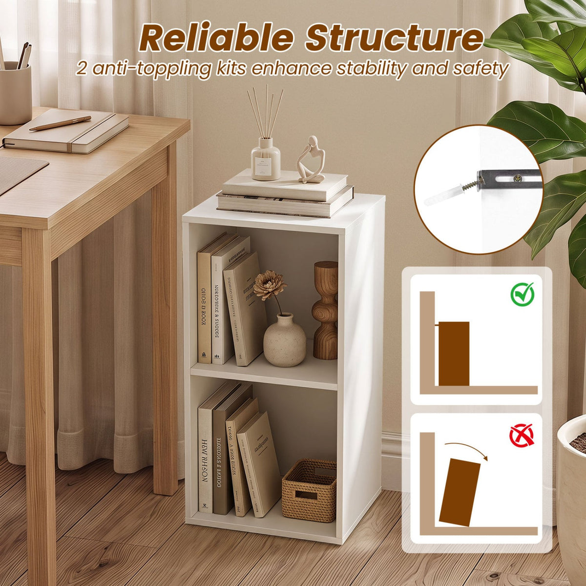 2-Cube Vertical or Horizontal Freestanding Bookshelf with 2 Compartments and 2 Anti-tipping Kits for Home Office-White-Bookcases-DECOROLALA