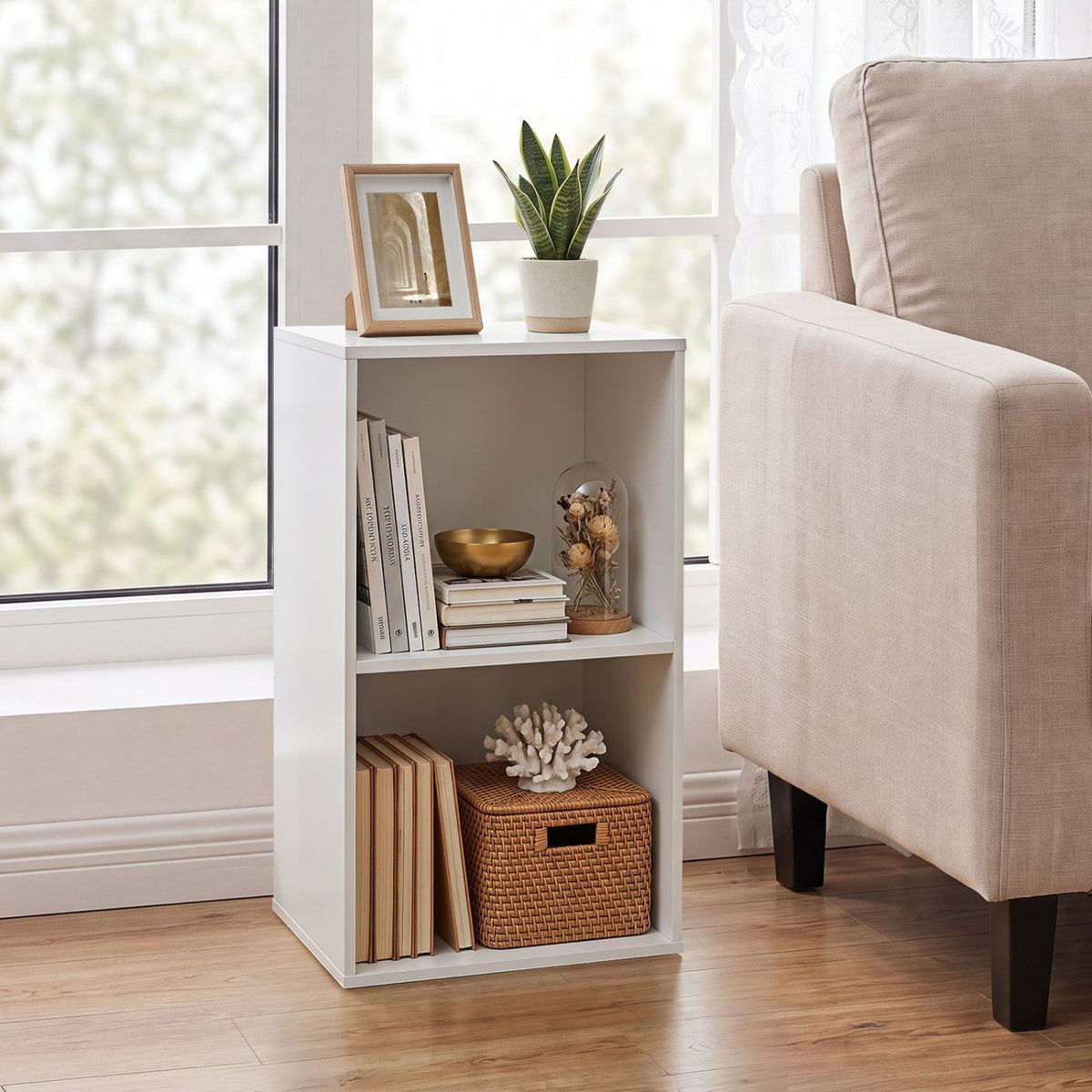 2-Cube Vertical or Horizontal Freestanding Bookshelf with 2 Compartments and 2 Anti-tipping Kits for Home Office-White-Bookcases-DECOROLALA