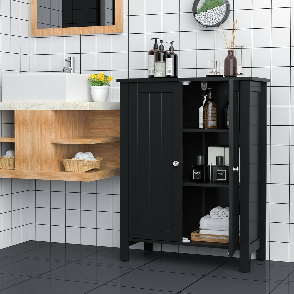 2-Door Bathroom Floor Storage Cabinet - Black 23.5" x 31.5"-Floor Cabinets-DECOROLALA