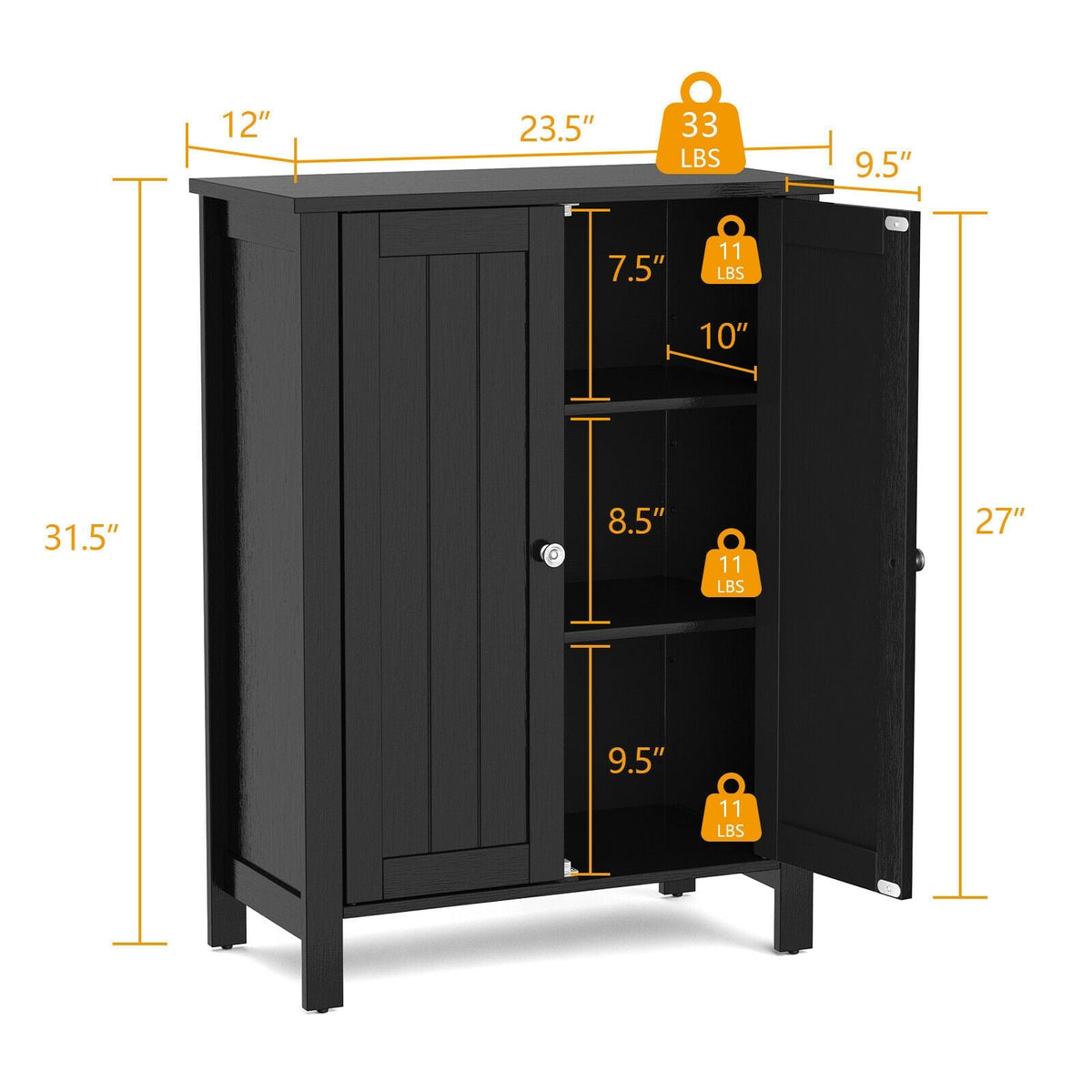 2-Door Bathroom Floor Storage Cabinet - Black 23.5" x 31.5"-Floor Cabinets-DECOROLALA