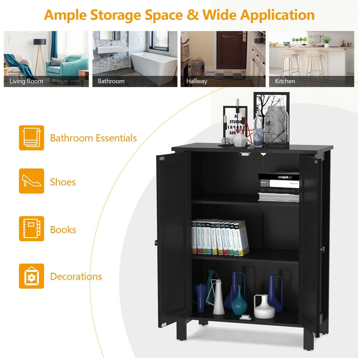 2-Door Bathroom Floor Storage Cabinet - Black 23.5" x 31.5"-Floor Cabinets-DECOROLALA