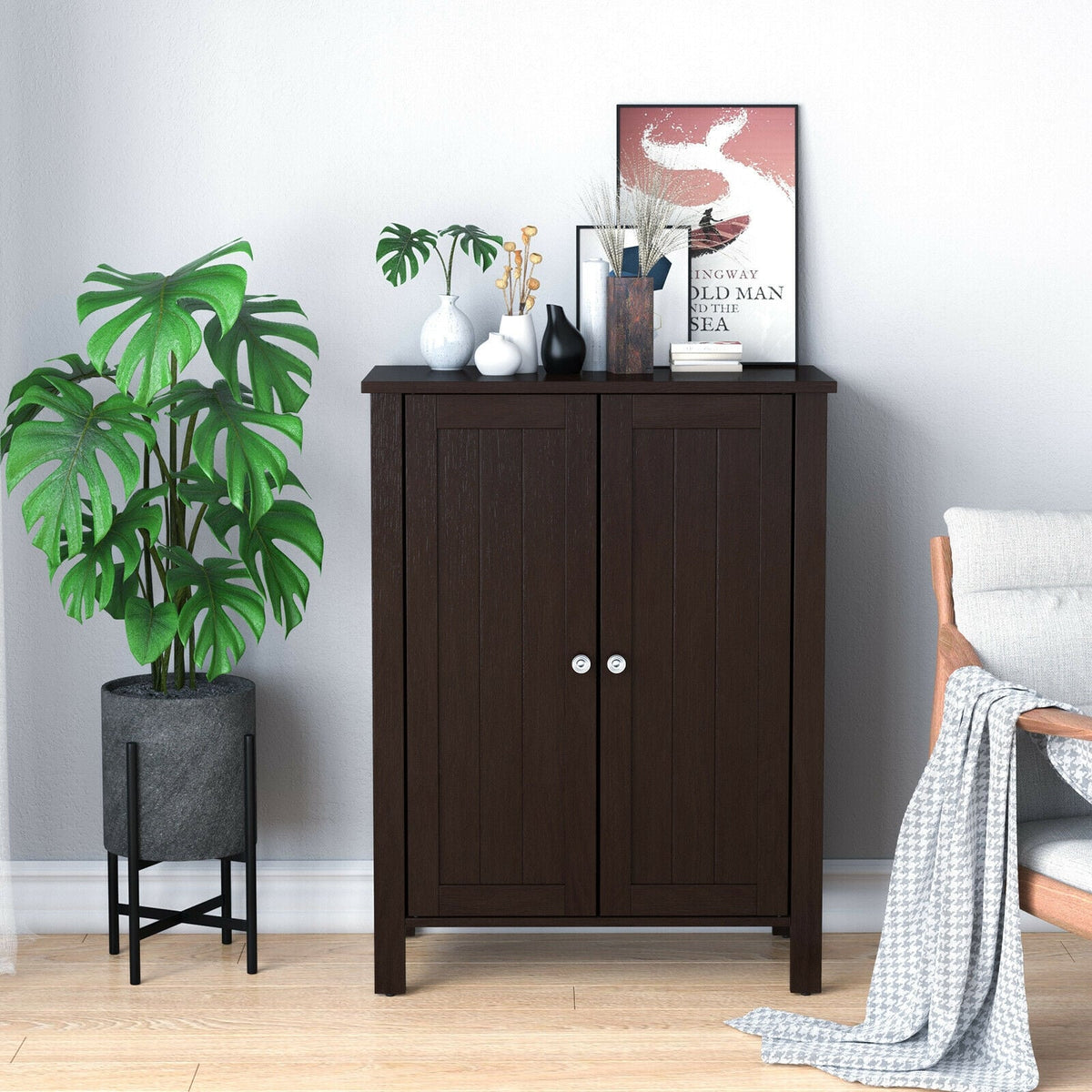 2-Door Bathroom Floor Storage Cabinet - Brown 23.5" x 31.5"-Floor Cabinets-DECOROLALA