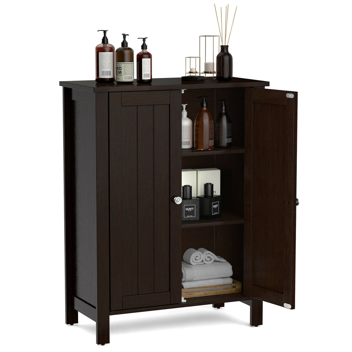 2-Door Bathroom Floor Storage Cabinet - Brown 23.5" x 31.5"-Floor Cabinets-DECOROLALA