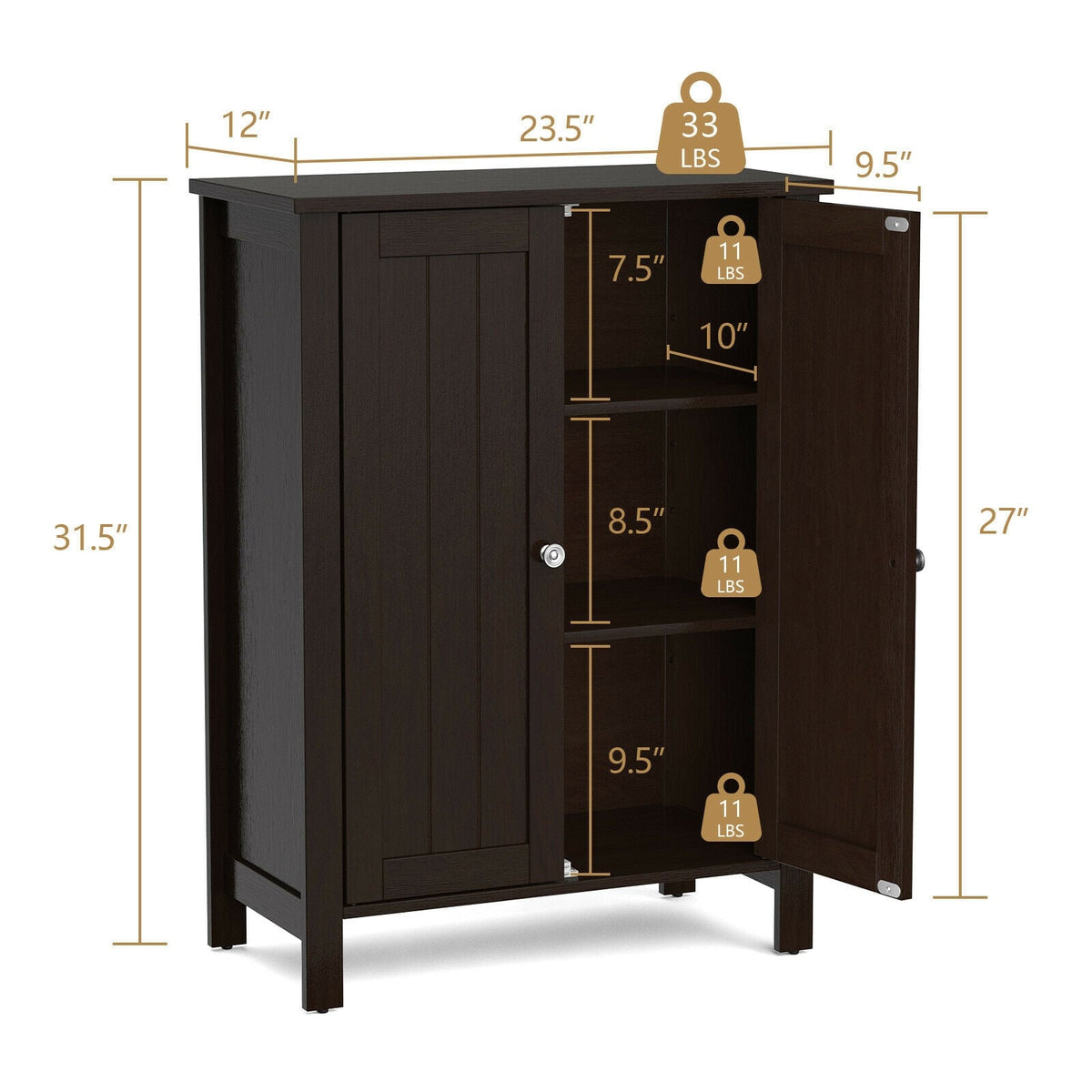 2-Door Bathroom Floor Storage Cabinet - Brown 23.5" x 31.5"-Floor Cabinets-DECOROLALA