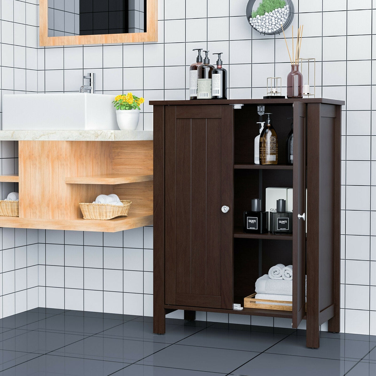 2-Door Bathroom Floor Storage Cabinet - Brown 23.5" x 31.5"-Floor Cabinets-DECOROLALA