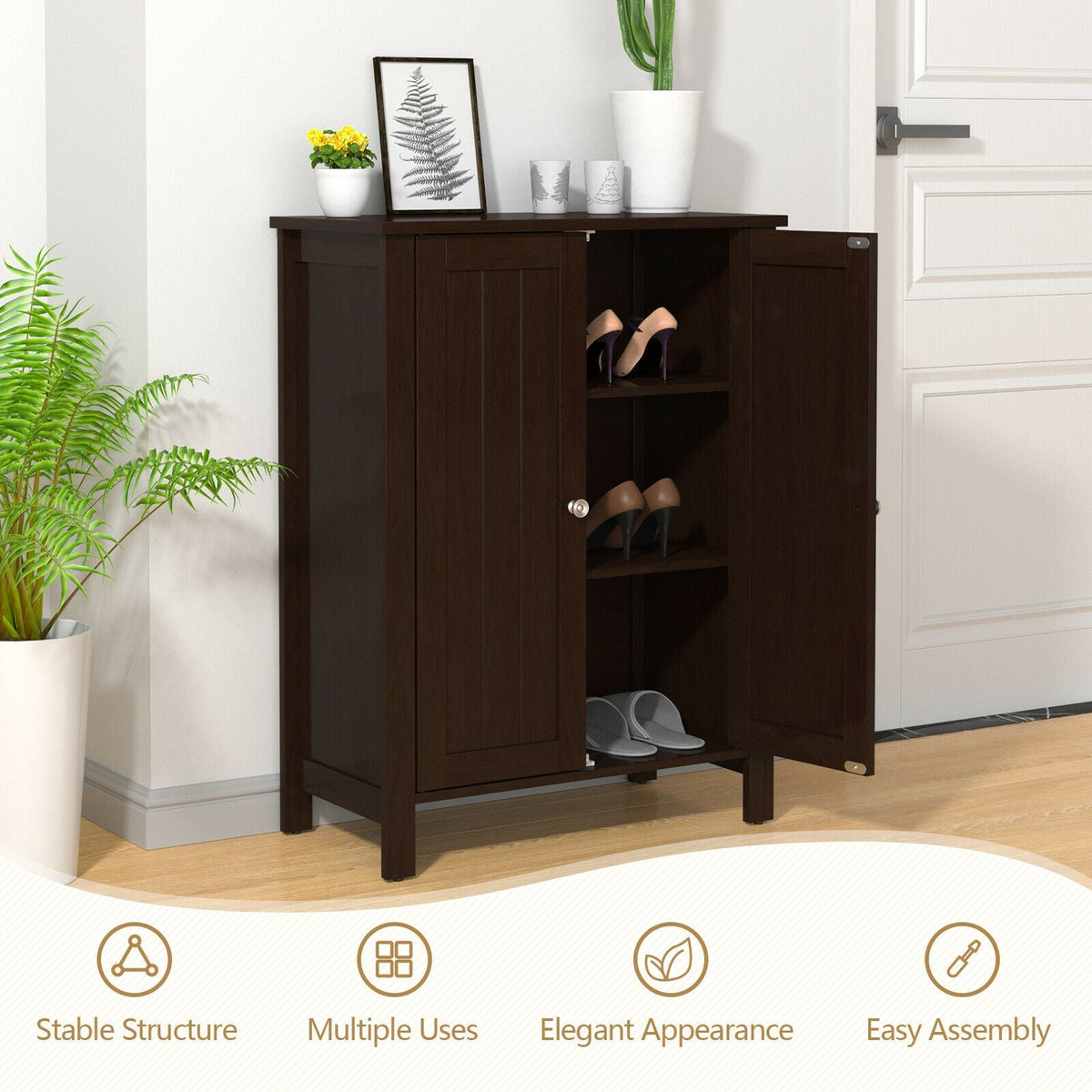 2-Door Bathroom Floor Storage Cabinet - Brown 23.5" x 31.5"-Floor Cabinets-DECOROLALA