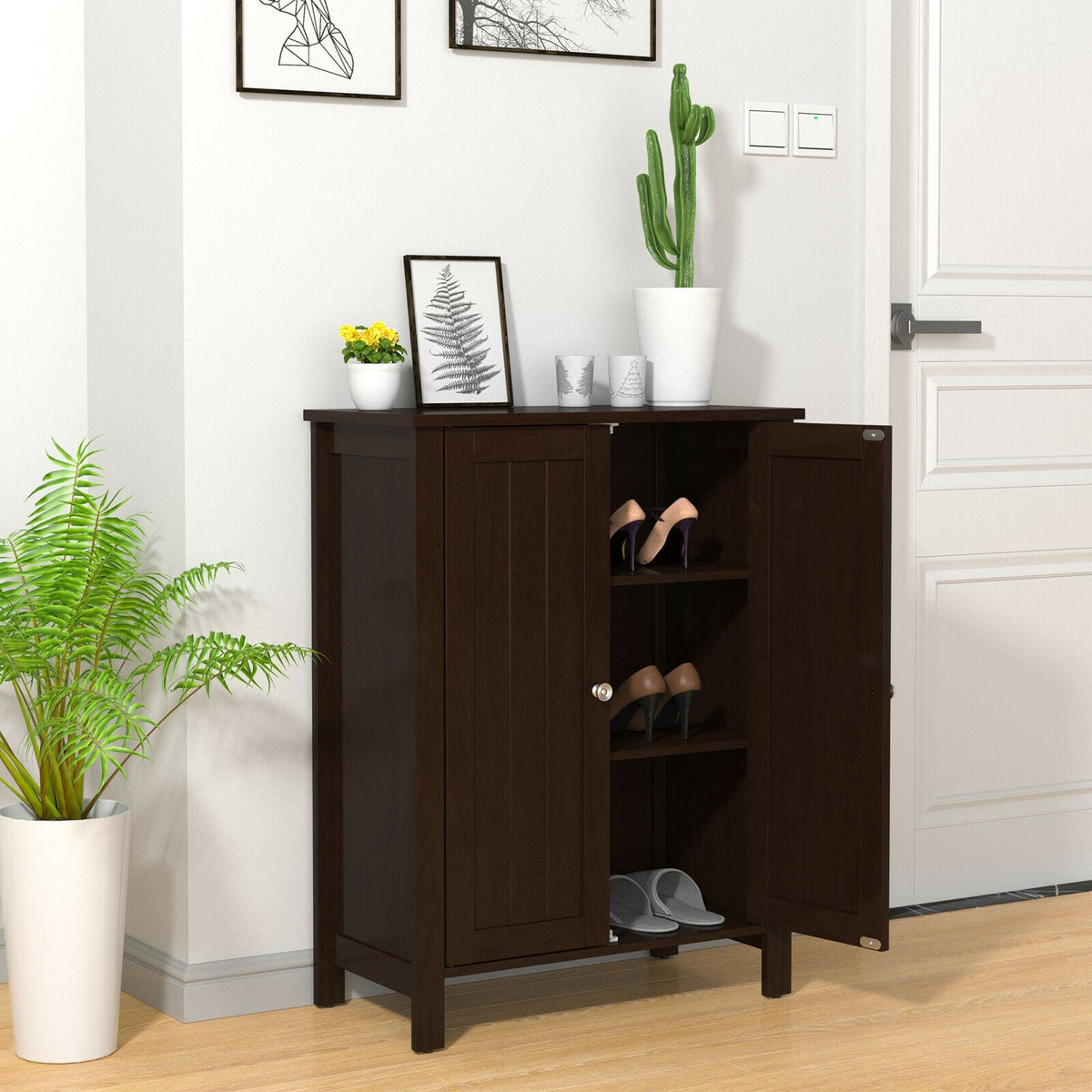 2-Door Bathroom Floor Storage Cabinet - Brown 23.5" x 31.5"-Floor Cabinets-DECOROLALA