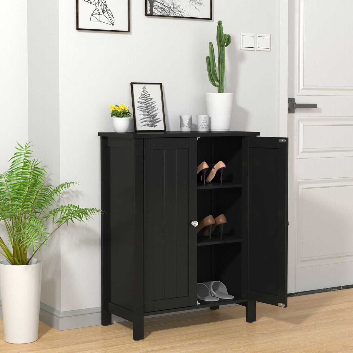 2-Door Bathroom Floor Storage Cabinet - Black 23.5" x 31.5"-Floor Cabinets-DECOROLALA