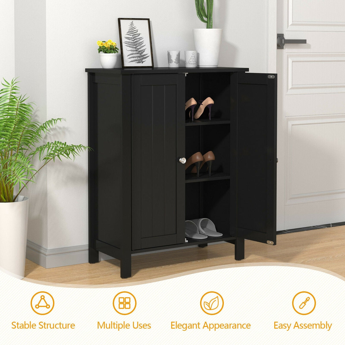 2-Door Bathroom Floor Storage Cabinet - Black 23.5" x 31.5"-Floor Cabinets-DECOROLALA