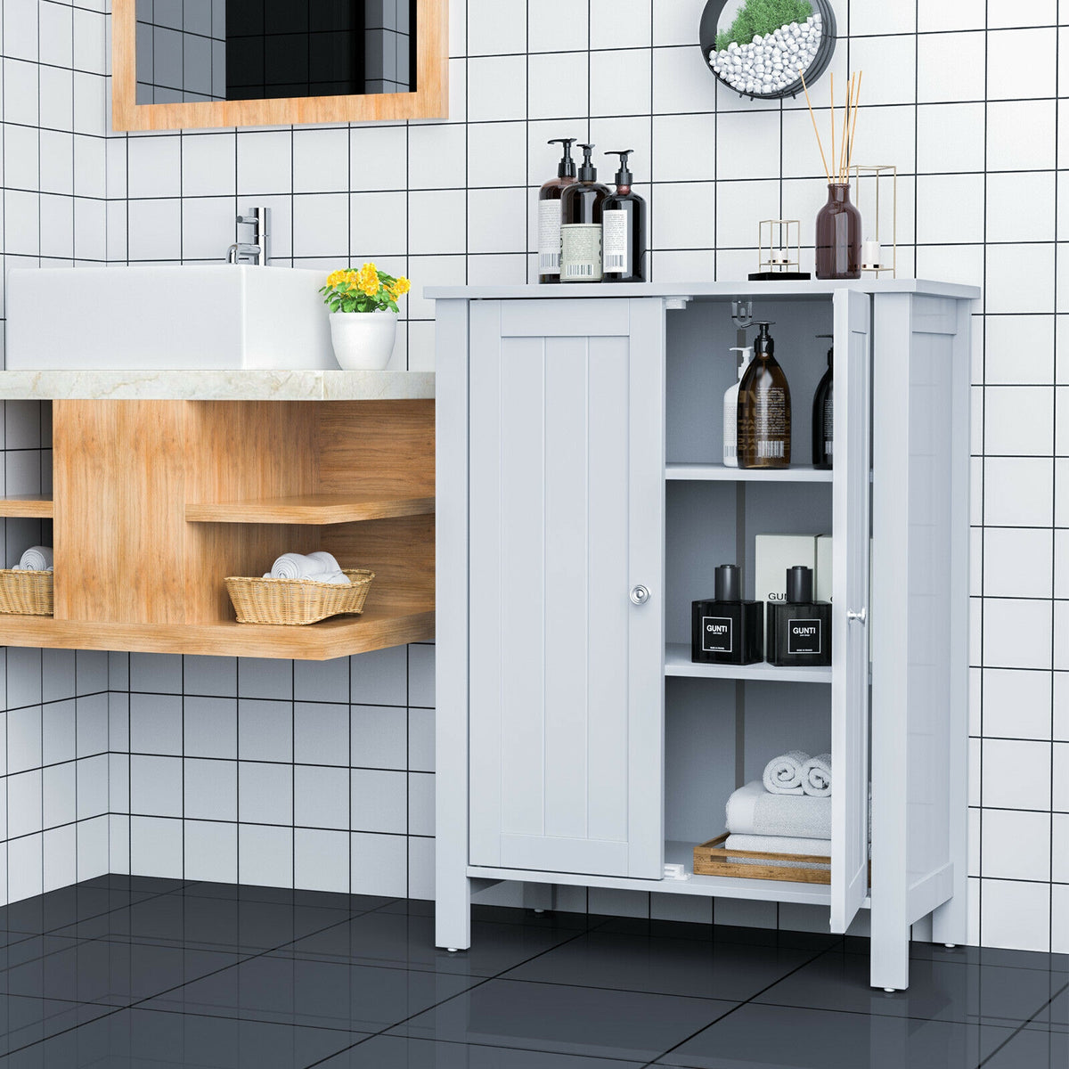2-Door Bathroom Floor Storage Cabinet - Gray 23.5" x 31.5"-Floor Cabinets-DECOROLALA
