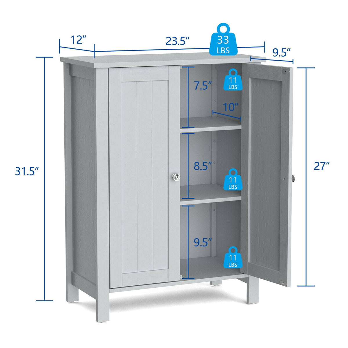 2-Door Bathroom Floor Storage Cabinet - Gray 23.5" x 31.5"-Floor Cabinets-DECOROLALA