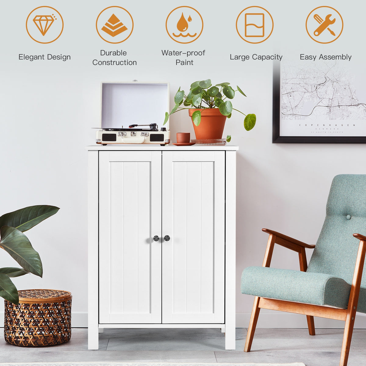 2-Door Bathroom Floor Storage Cabinet with Adjustable Shelf - White-Bathroom Floor Cabinets-DECOROLALA