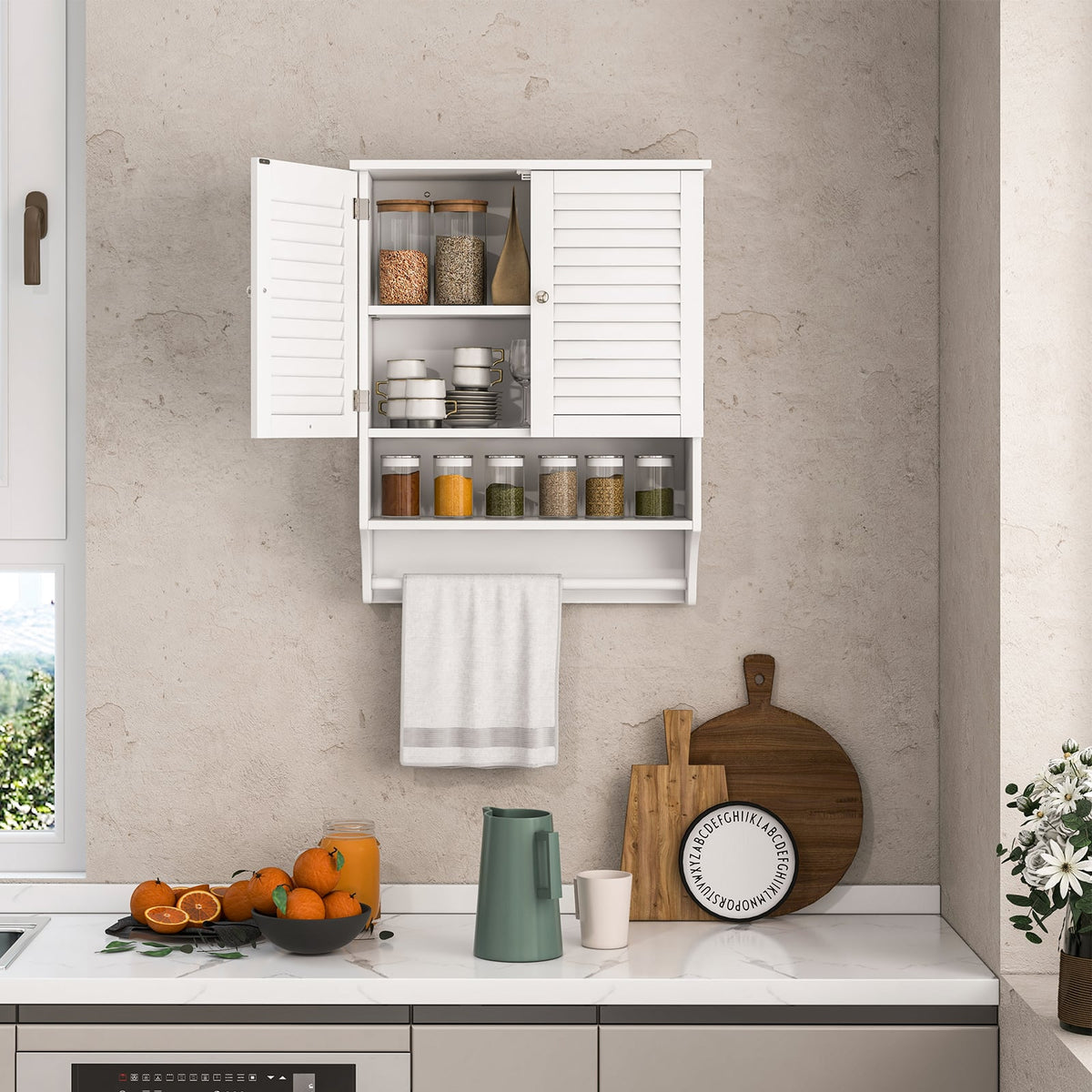 2-Door Bathroom Wall Cabinet with Towel Bar - White 23" x 30"-Bathroom Wall Cabinets-DECOROLALA