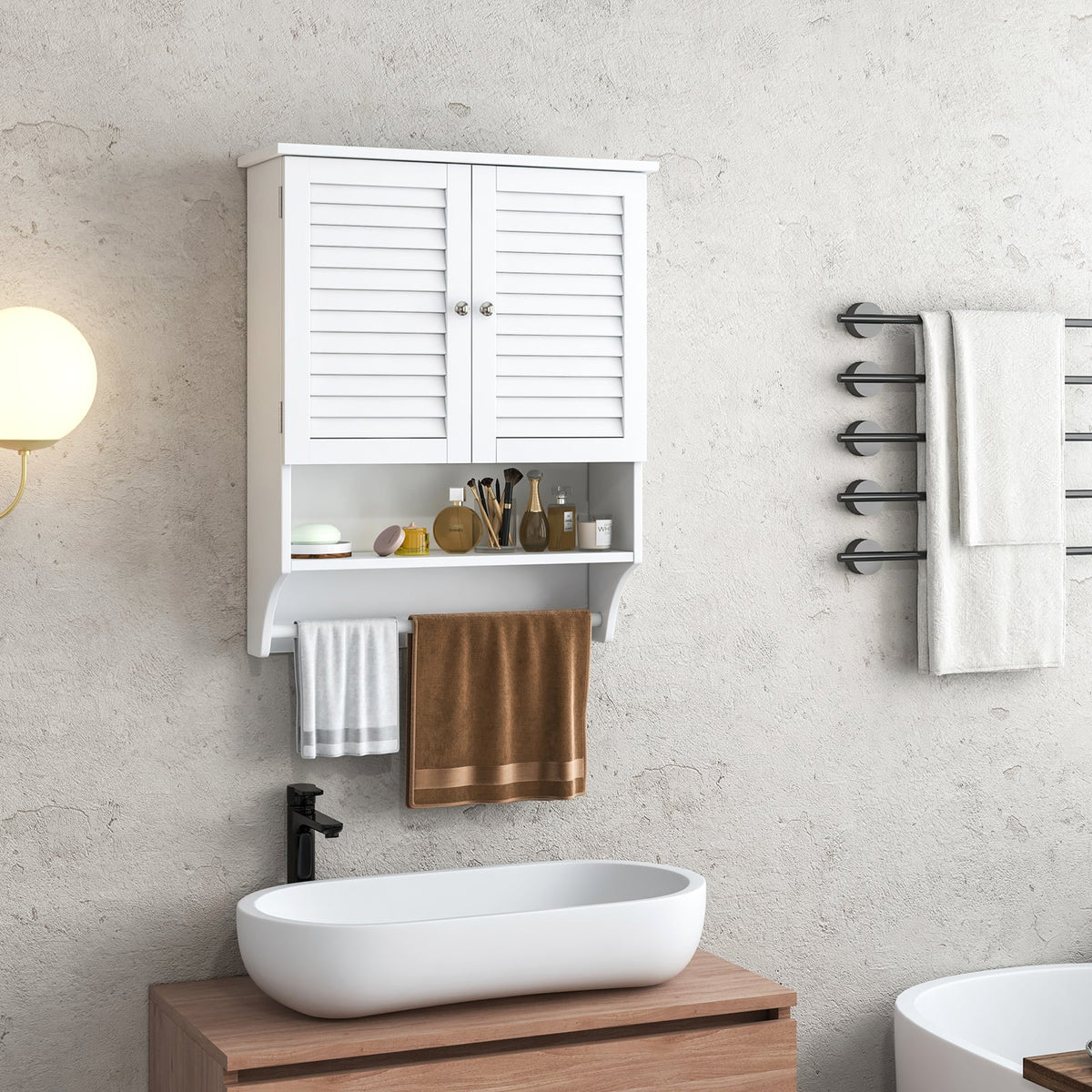 2-Door Bathroom Wall Cabinet with Towel Bar - White 23" x 30"-Wall Cabinets-DECOROLALA