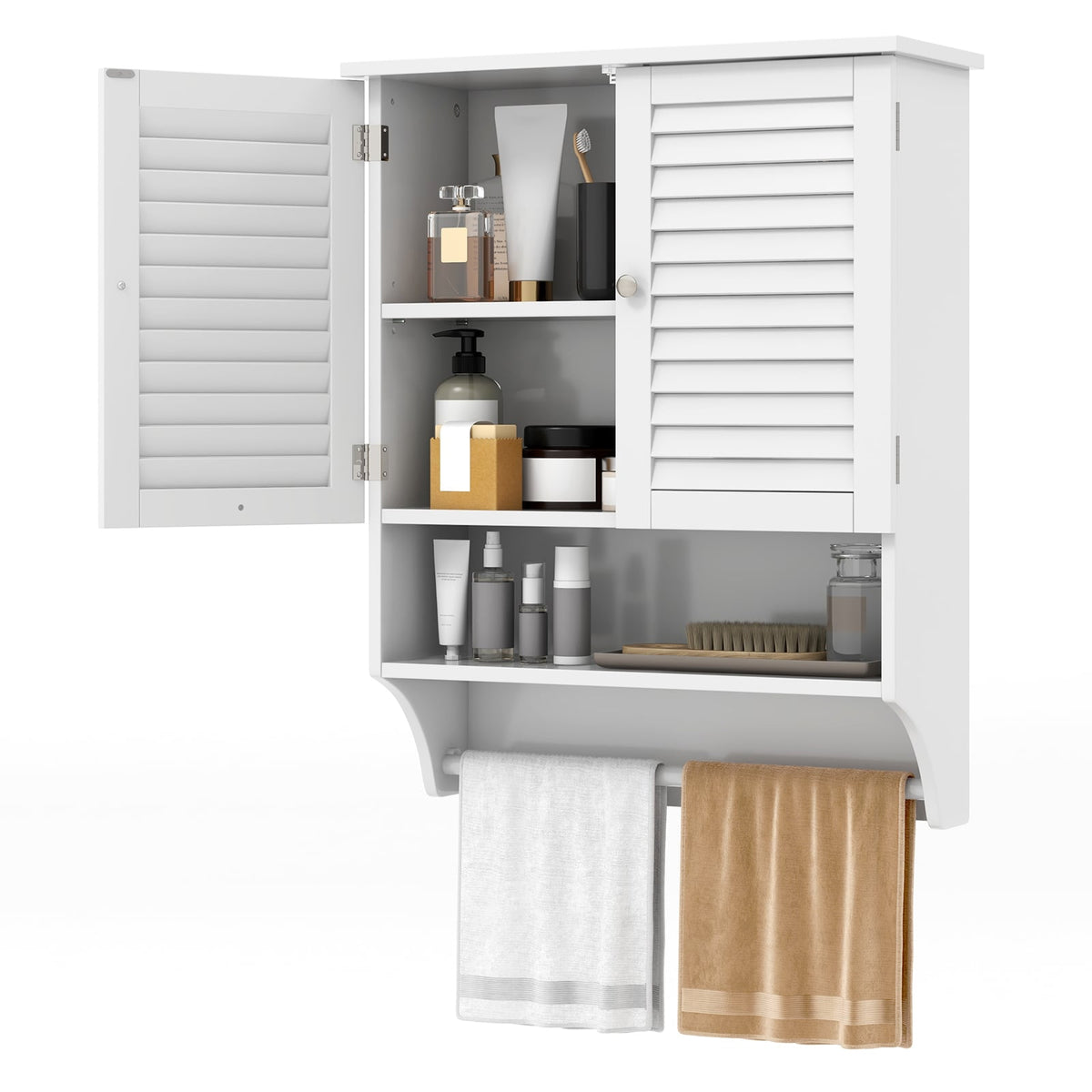 2-Door Bathroom Wall Cabinet with Towel Bar - White 23" x 30"-Wall Cabinets-DECOROLALA