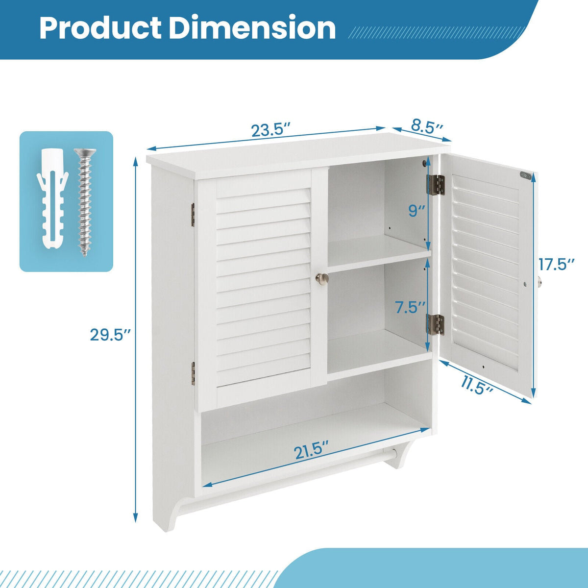 2-Door Bathroom Wall Cabinet with Towel Bar - White 23" x 30"-Wall Cabinets-DECOROLALA