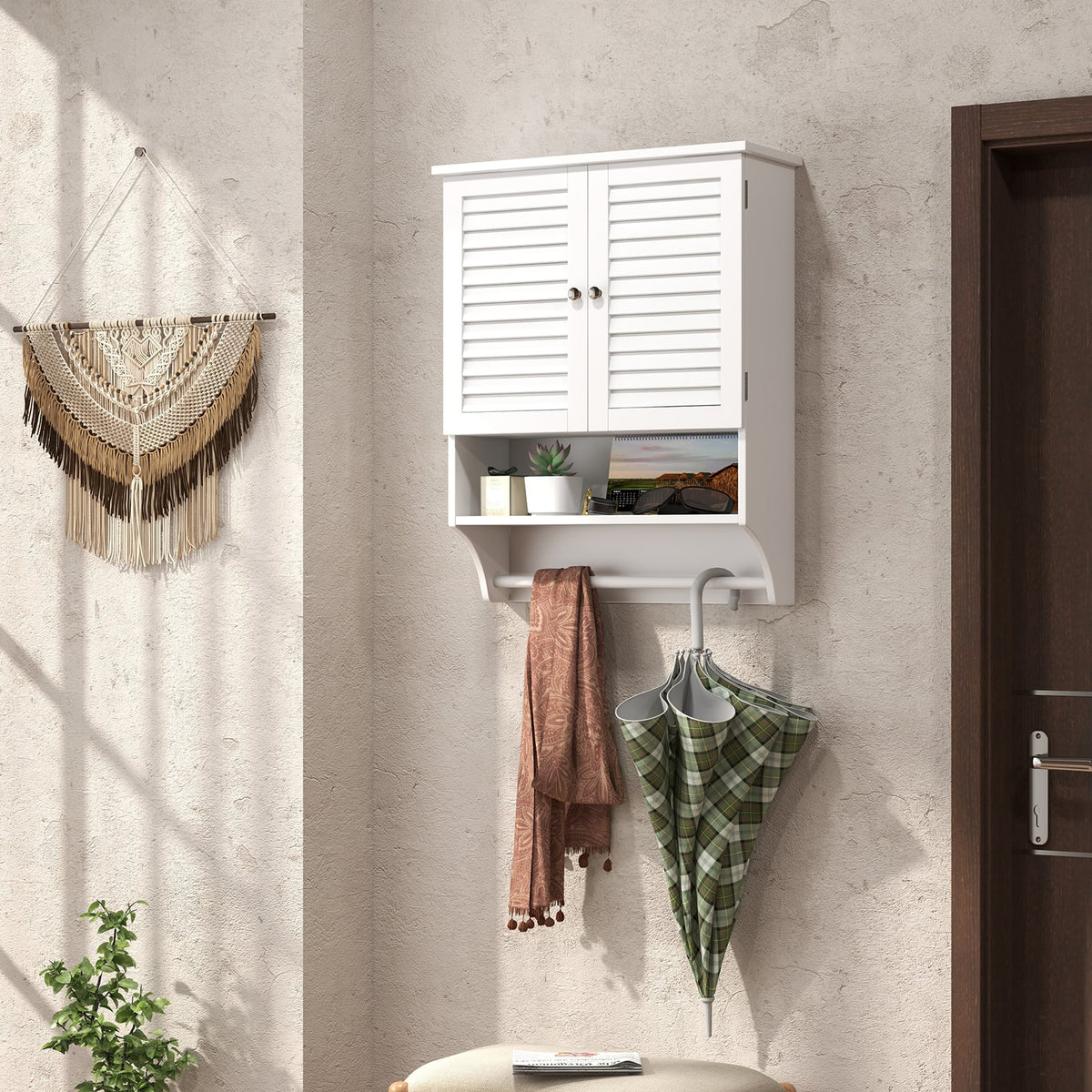 2-Door Bathroom Wall Cabinet with Towel Bar - White 23" x 30"-Wall Cabinets-DECOROLALA