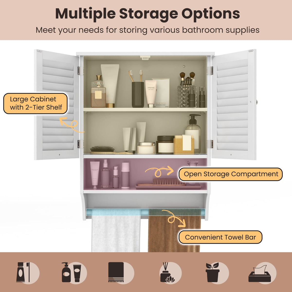 2-Door Bathroom Wall Cabinet with Towel Bar - White 23" x 30"-Wall Cabinets-DECOROLALA