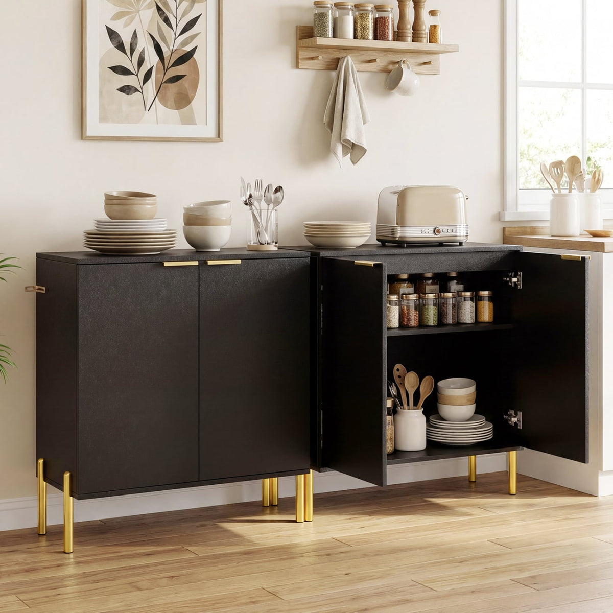 2-Door Buffet Cabinet Sideboard with Shelf and Metal Legs-Black-Sideboards & Buffets-DECOROLALA
