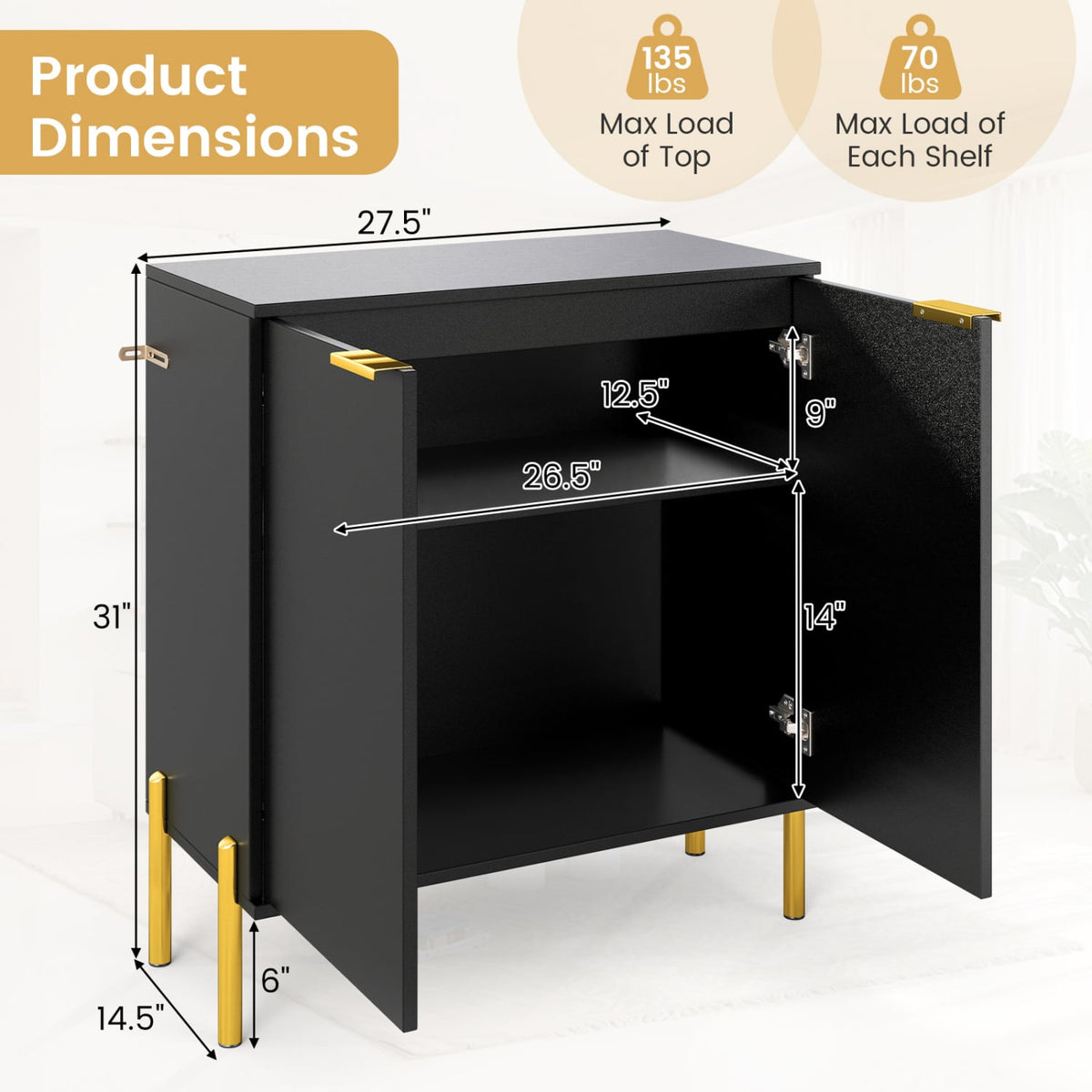 2-Door Buffet Cabinet Sideboard with Shelf and Metal Legs-Black-Sideboards & Buffets-DECOROLALA
