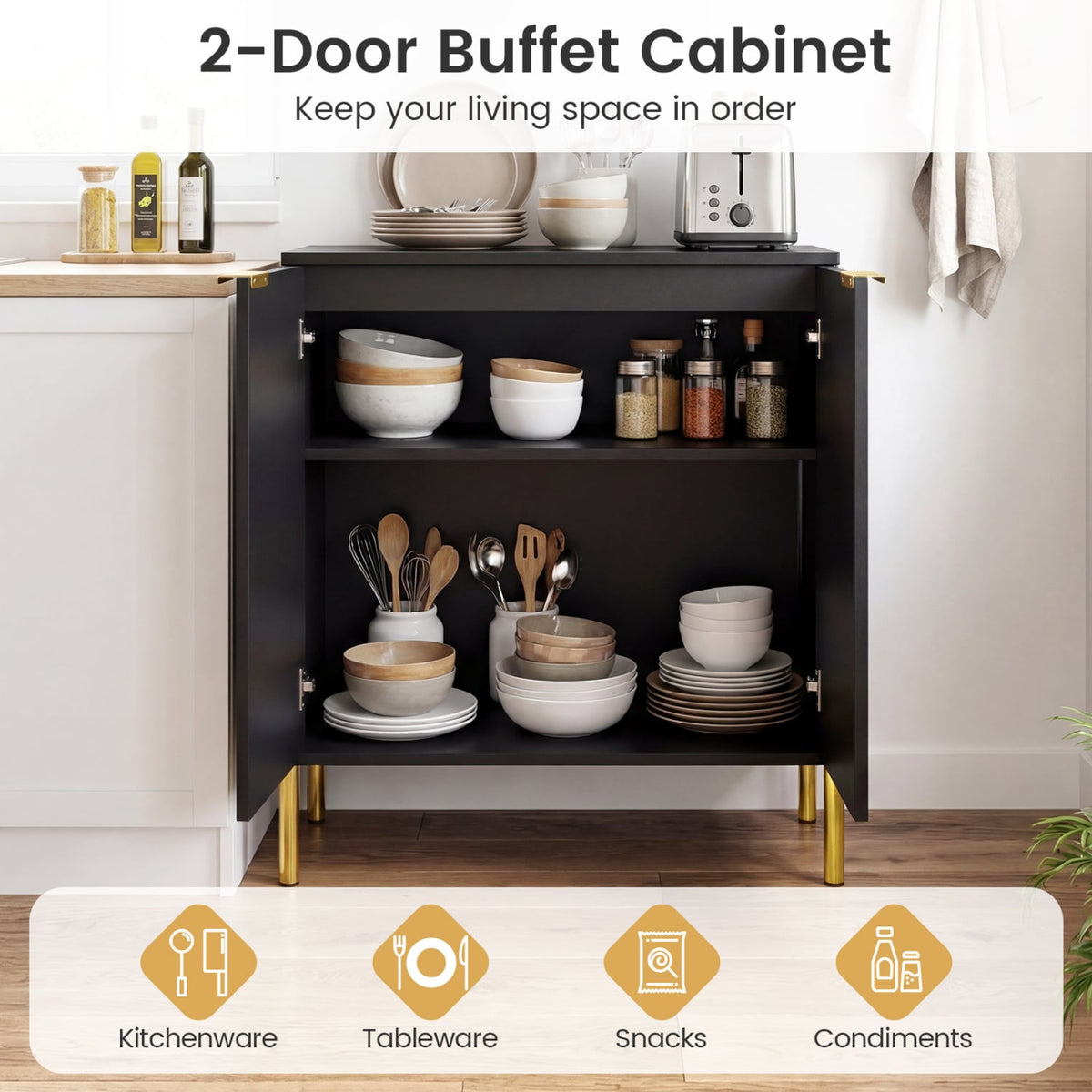2-Door Buffet Cabinet Sideboard with Shelf and Metal Legs-Black-Sideboards & Buffets-DECOROLALA