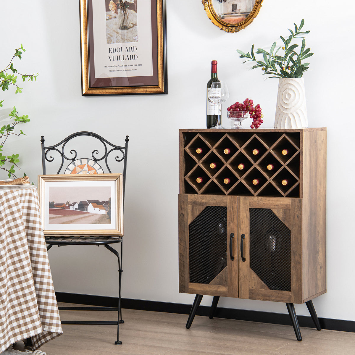 2-Door Farmhouse Kitchen Storage Bar Cabinet with Wine Rack and Glass Holder-Rustic Brown-Sideboards & Buffets-DECOROLALA