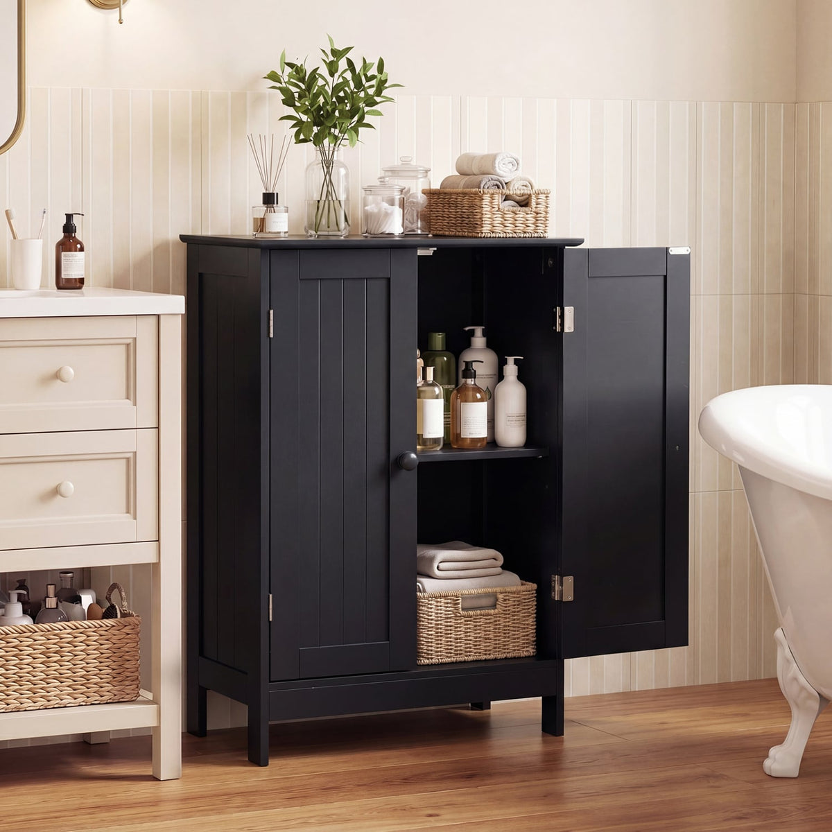 2-Door Free-Standing Bathroom Cabinet - Black 23.5" MDF-Floor Cabinets-DECOROLALA