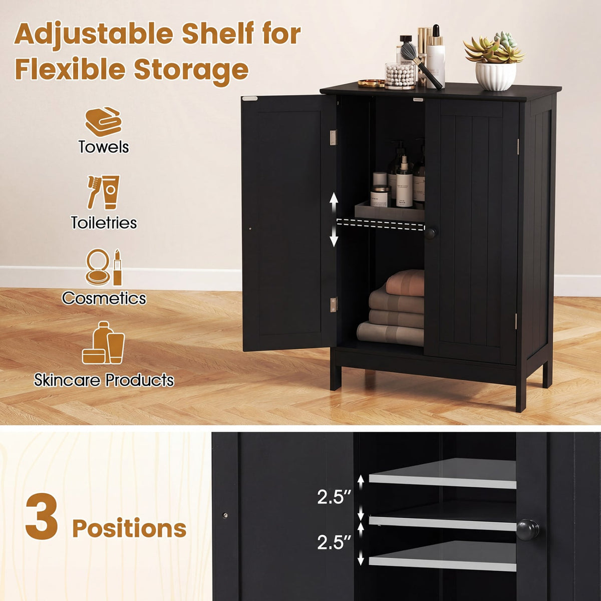 2-Door Free-Standing Bathroom Cabinet - Black 23.5" MDF-Floor Cabinets-DECOROLALA